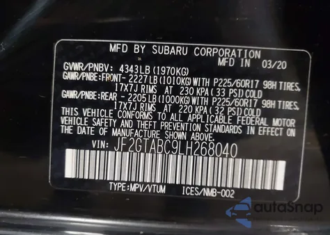 2020 Subaru Crosstrek z USA, uszkodzony, nr VIN JF2GTABC9LH268040